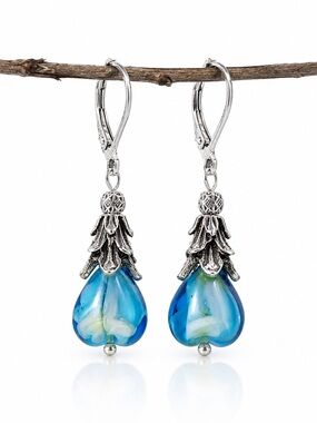Blue Heart Glass Drop Earrings Silver Leverback Boho Romantic
